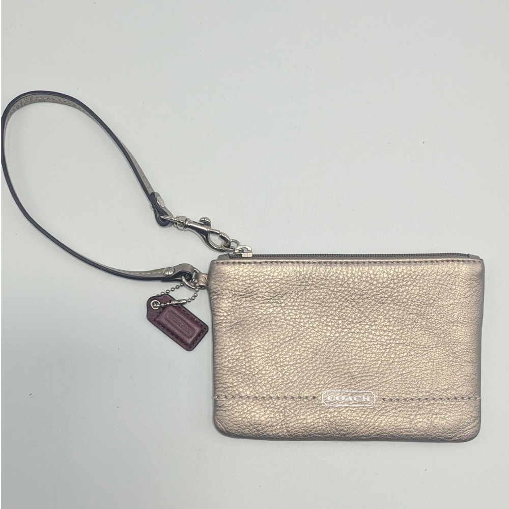Coach Wristlet Metallic Pewter Pebbled Leather Silver Logo Small